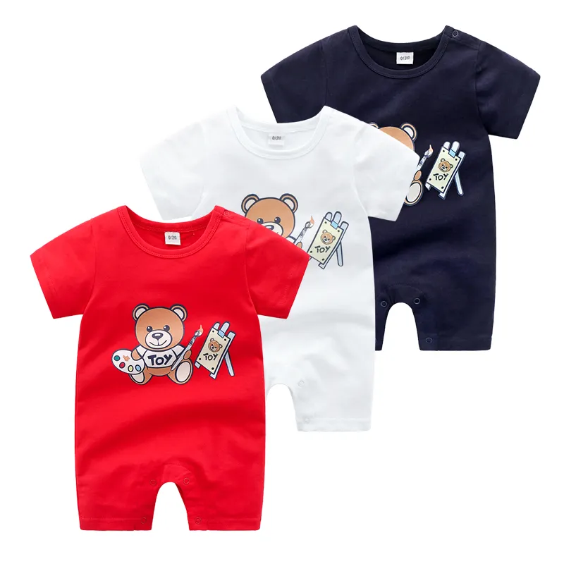 Sommar 0-24 månader Baby Boys Girls Romper Spädbarn Jumpsuit Cartoon kortärmad klättring Pyjamas bomullsmärke Småbarnskläder