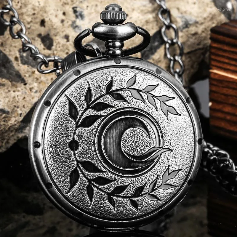 Pocket Watches Olive Leaf Moon Pattern Display Quartz Watch Vintage Black Fob Chain Roman Numerals Round Dial Necklace Pendant Clock Hect22