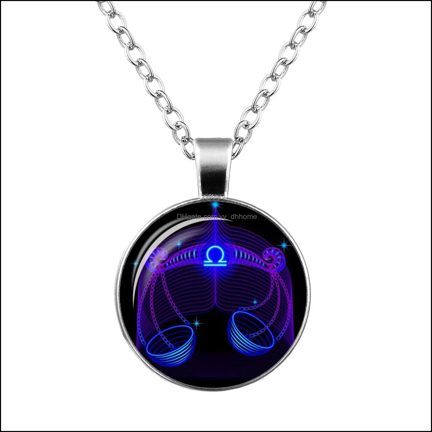 new fashion galaxy 12 constellation design zodiac sign horoscope astrology pendant necklace for women men glass cabochon
