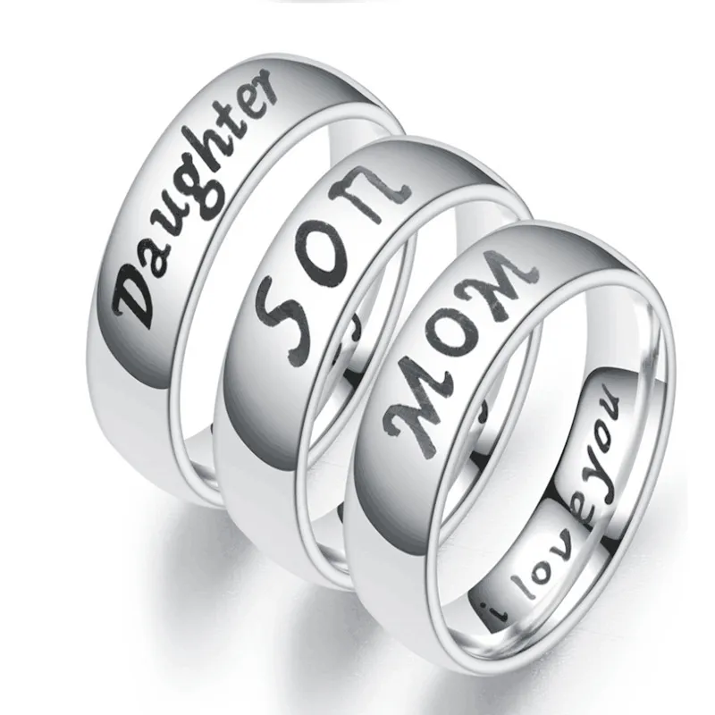 Engraving Text Love Mom Dad Son Daughter Stainless Steel Ring Couple Rings For Women and Men Family Couples Jewelry