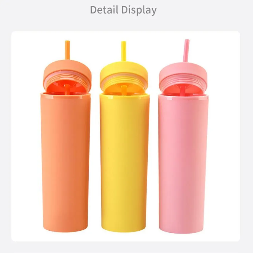 !16oz Matte Skinny Acrylic Tumbler with Lid Straw Double Walled Plastic Water Bottle Portable Frosted Coffee Mug