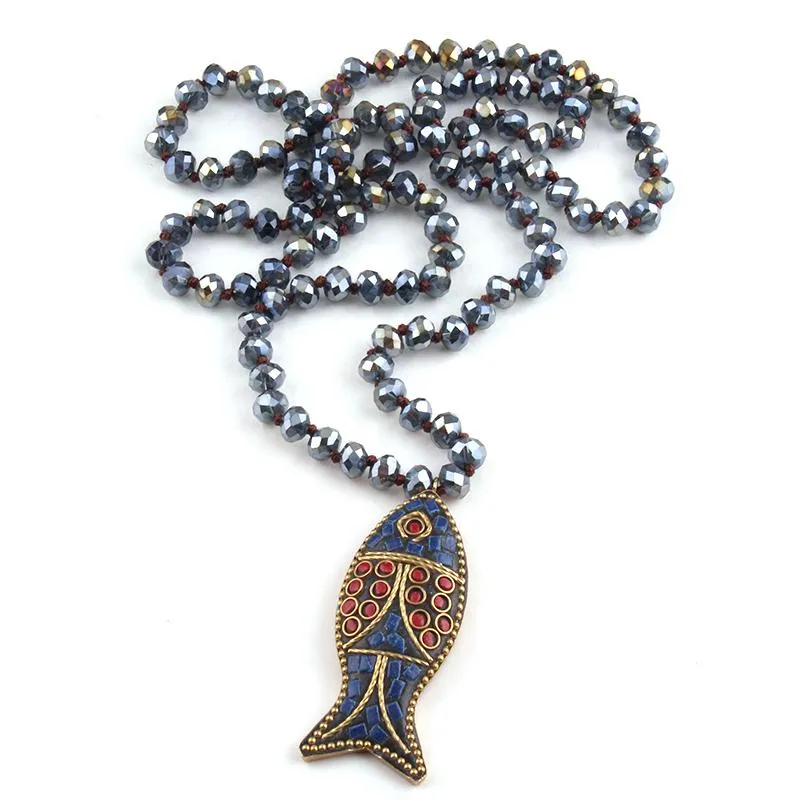 Pendant Necklaces Fashion Navy Long Crystal Glass Knotted Fish For Bohemian Tribal Jewelry
