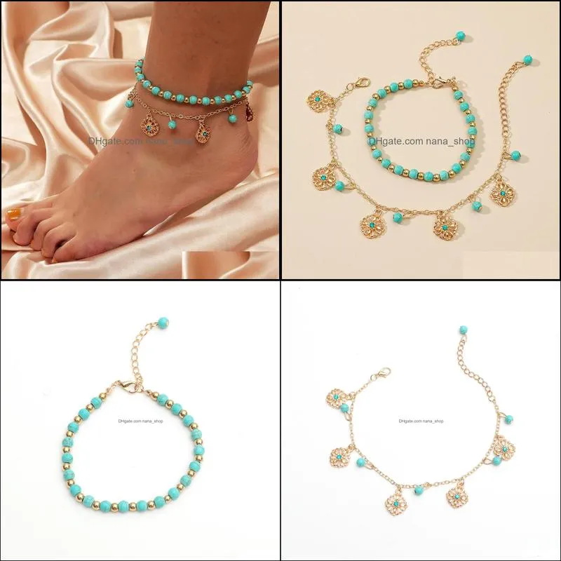 2Pcs Gold Chain Anklets For Women Foot Ankle Bracelet Charms Pendant Anklet Beach Jewelry