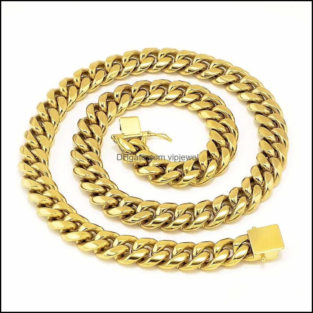 jch stainless steel jewelry set 24k gold plated high quality cuban link necklace & bracelet mens curb chain 1.4cm 8.5