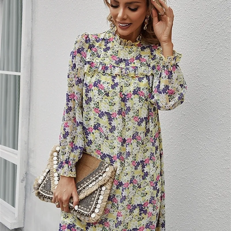 Spring Summer Loose Floral Short Dress For Women Casual Ruffles Half High Collar Ladies A Line Oversize Print Dress 220516