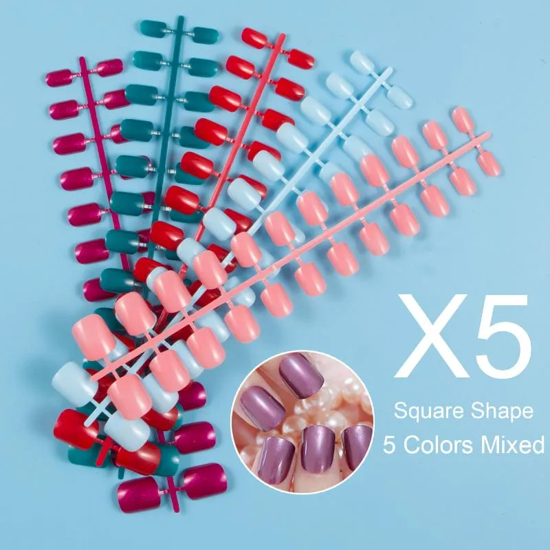 False nagels stukken/set 5 sets gemengde kleuren korte vierkante nagel tips druk op nep 10 maten volledige cover nagelsfalse