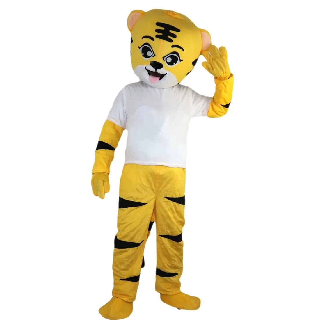 Plush Yellow Sport Tiger Mascot Assume Suit Suit Suit Cartoon Distrour Carth