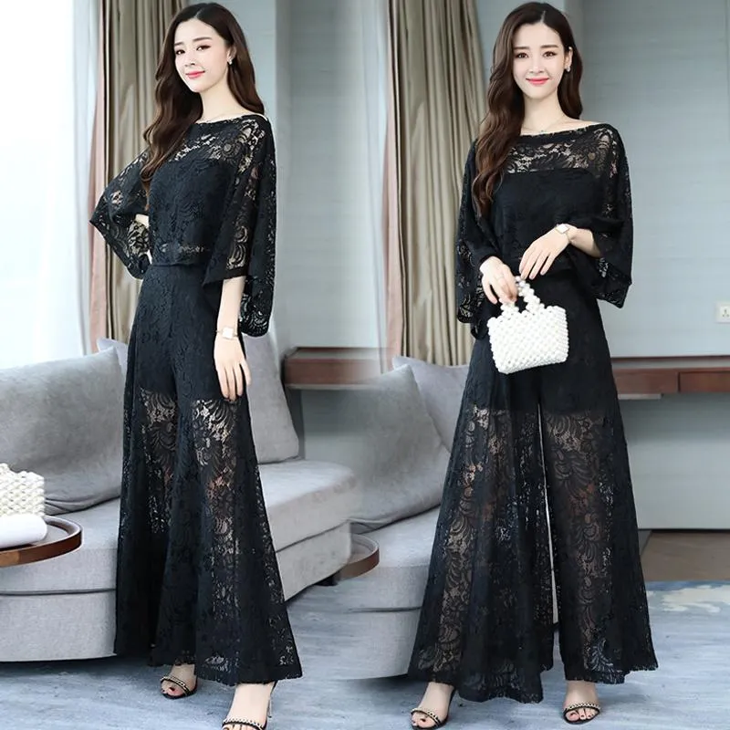  CY 2 Pieces Mother of The Bride Pant Suit Lace Top with Chiffon  Pants for Wedding Guest Black : Clothing, Shoes & Jewelry