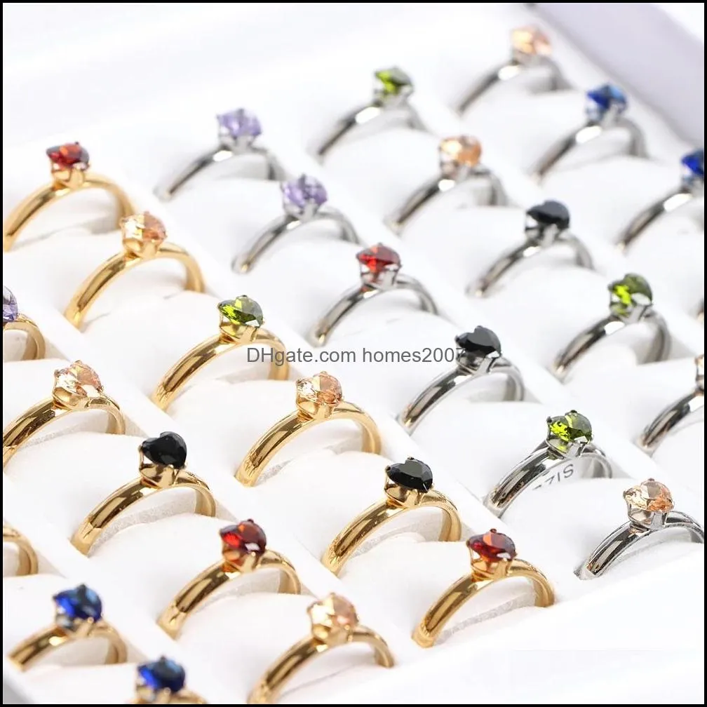 50Pcs/Lot Fashion Colorful Heart Zircon Stainless Steel Rings For Women Gold Silver Color Engagement Wedding Jewerly Party Gift