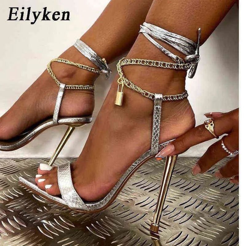 الصنادل eilyken الصيف الأزياء المصارع قفل سلسلة الصليب الخلخال الصنادل لكمة الأحذية تصفيح عالية الكعب السيدات أحذية الزفاف 220318