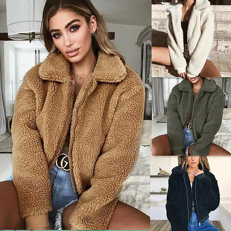 Women Designer Winter Coats Casual Faux Teddy Bear Fur Solid Color Female Warm Outwear Turn Down Collar Jacket Fashion Coat