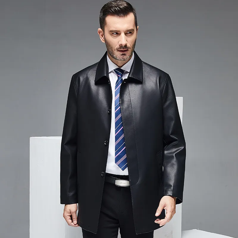 Cappotto in pelle casual nero Uomo Giacca a vento di media lunghezza Uomo indossa giacca di pelle Primavera Autunno Abbigliamento trench taglie forti