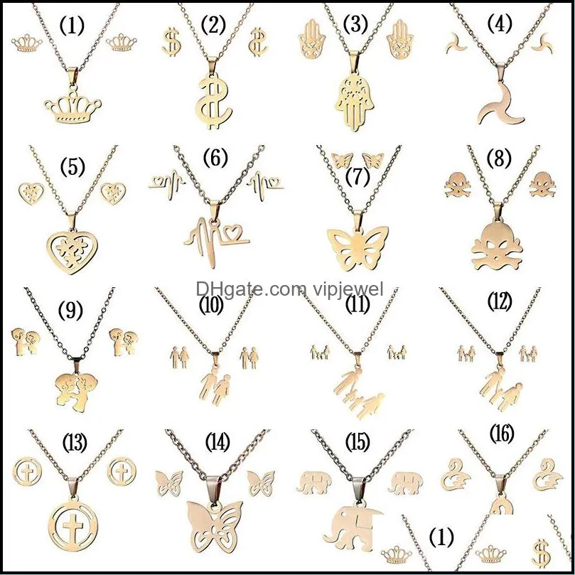 16 styles 316L stainless steel Jewelry sets Crown Skull butterfly Elephant Heart pendant necklace Earring Set For women Fashion