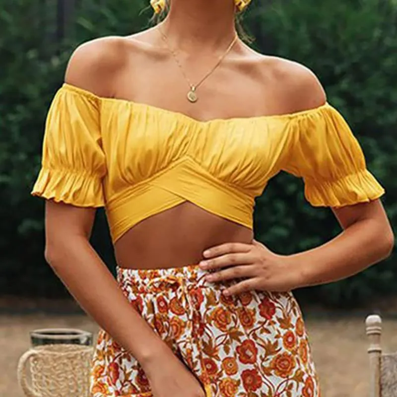 Women's Blouses & Shirts Blouse Women 2022 Summer Off Shoulder Tops Puff Sleeve Bow Tied Beach Short Backless Sexy Crop Top White