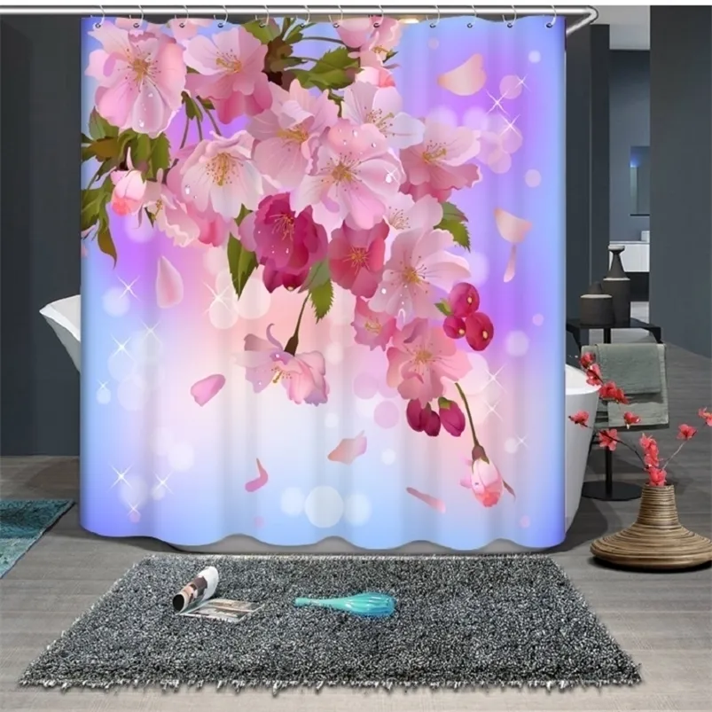 Hermosa flor patrón de impresión 3D poliéster moderno impermeable moho ducha decoración del hogar cortina baño T200711