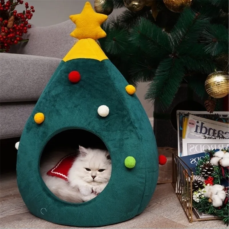 Haustier Katze Hund Haus Zwinger Welpen Höhle Schlafen Bett Weihnachtsbaum Form Winter Warm Für Katzen cama para cachorro 220323