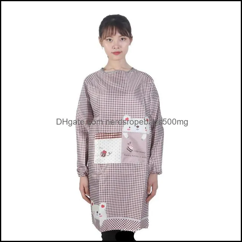 2020 New Adult Cute Lattice Aprons Long Sleeve Baking Apron Anti Oil Waterproof Animal Pinafore Pocket Kitchen Household Accessories 10hf