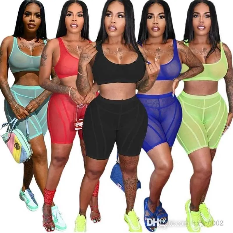 Summer Sheer Yoga Pants Outfits For Women Designer Clothing Sexig Mesh Crop Top Vest and Perspective Shorts 2 Piece Sportswear