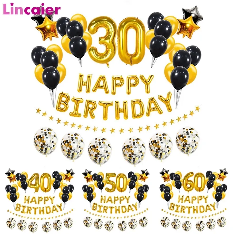 37 Stück Gold Schwarz Zahl 16 18 21 25 30 40 50 60 Jahre Alt Luftballons Happy Birthday Party Dekoration Mann Frau 30. 40. 50. 60. 220321