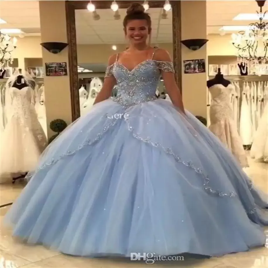 Bleu ciel Quinceanera robes hors de l'épaule bretelles Spaghetti appliques Corset dos perlé sur mesure douce princesse fête d'anniversaire robe de bal robes