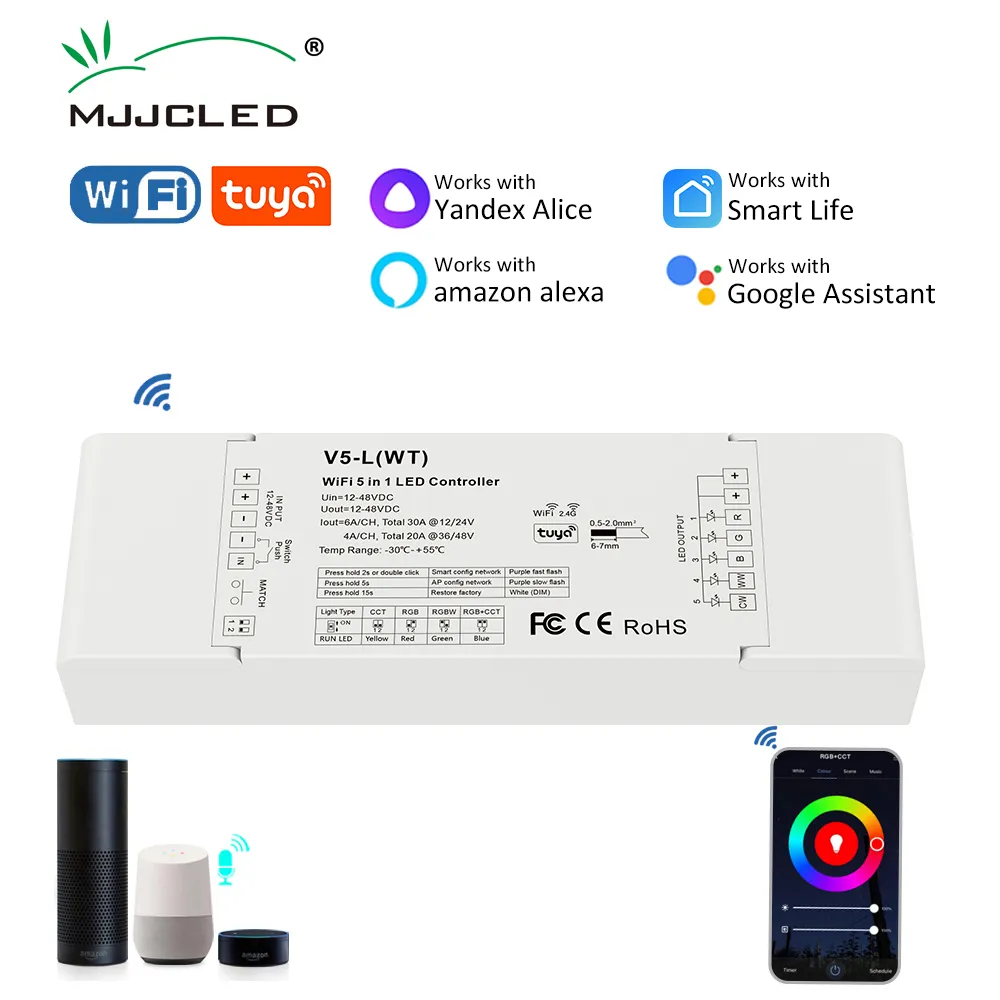 Tuya LED وحدة تحكم WiFi RGB CCT RGBWW RGBCCT 5 في 1 LED قطاع الضوء الخافتة APP SMART LIFE APP VOICE 12V 24V 36V 48V 30A