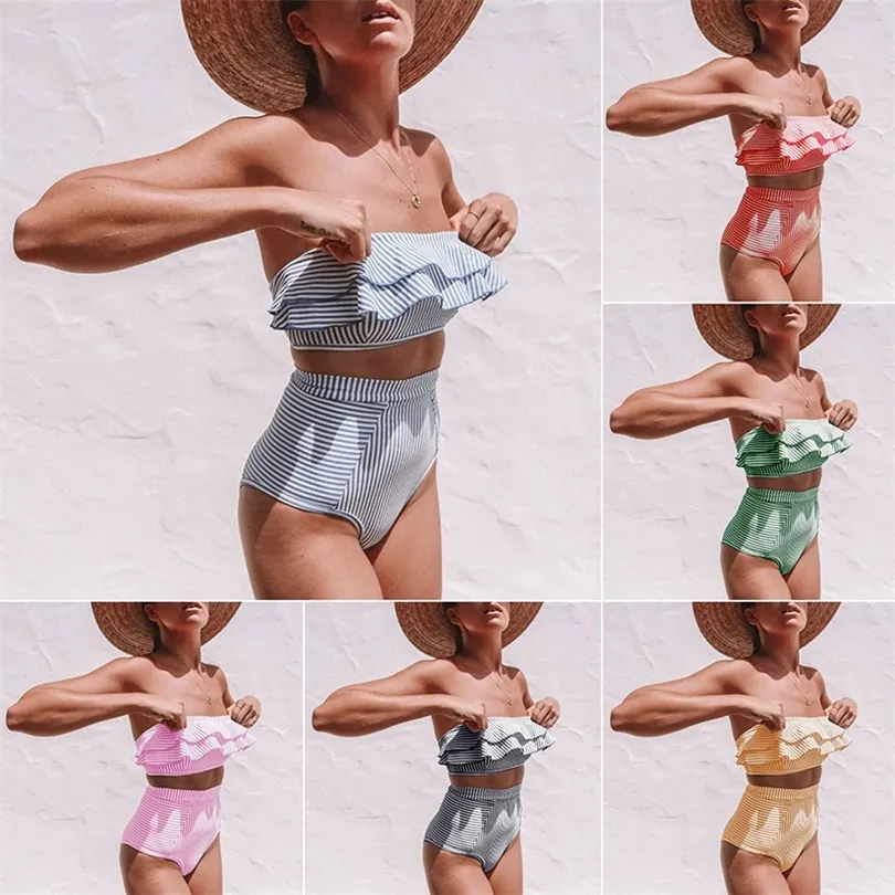 2021 Sexy High Waist Bikini Swimsuit Women Ruffle Swimwear Striped Bikini Set Off Shoulder Bandeau Bathing Suit Summer Beachwear 210305