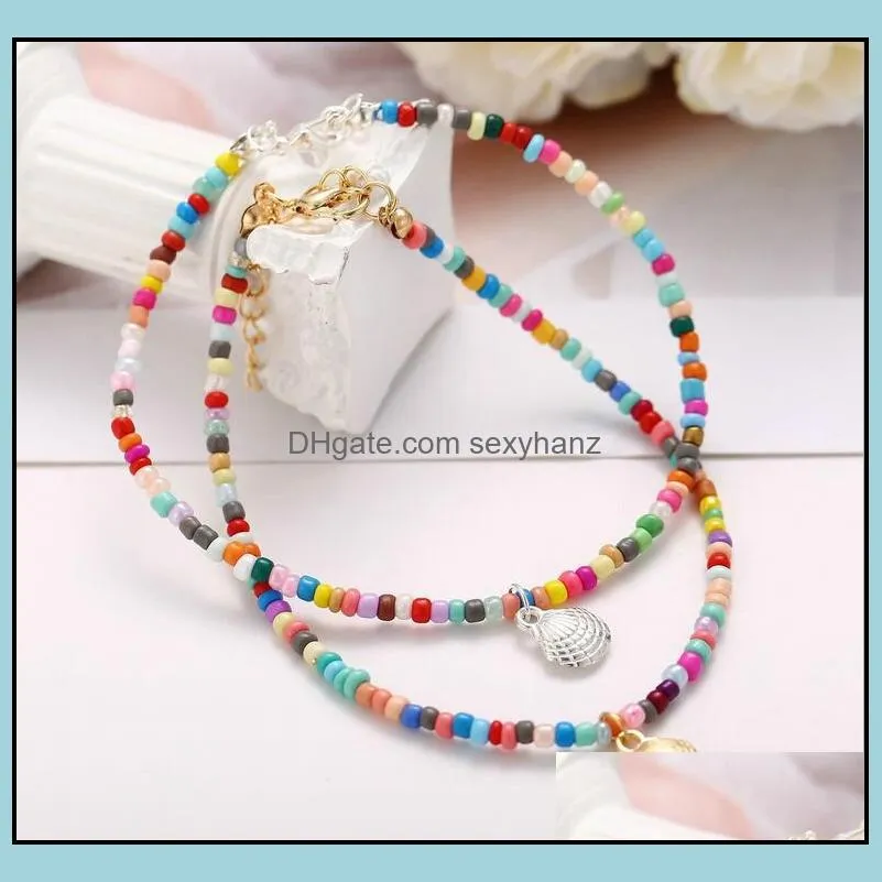 Fußkettchen Schmuck Böhmischer Stil Farbe Perlen Fußkettchen Retro Legierung Jakobsmuschel Anhänger Fußkette Strandschuhe Für Frauen Mädchen Geschenk Großhandel Drop