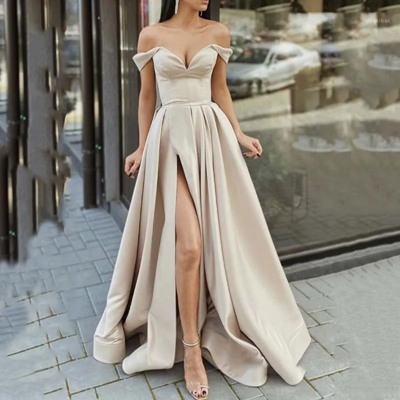 Casual Dresses Fashion High Slit Women Party Dress Clubwear Elegant Solid Strapless Backless Maxi Sexig Big Hem A-Line Dress Casual