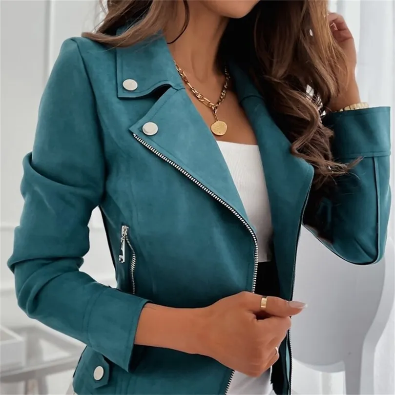 Autumn Winter PU Jacket Coat Long Sleeve Short Leather Jacket Women Fringe Color Blue Slim Boyfriend Style 220803