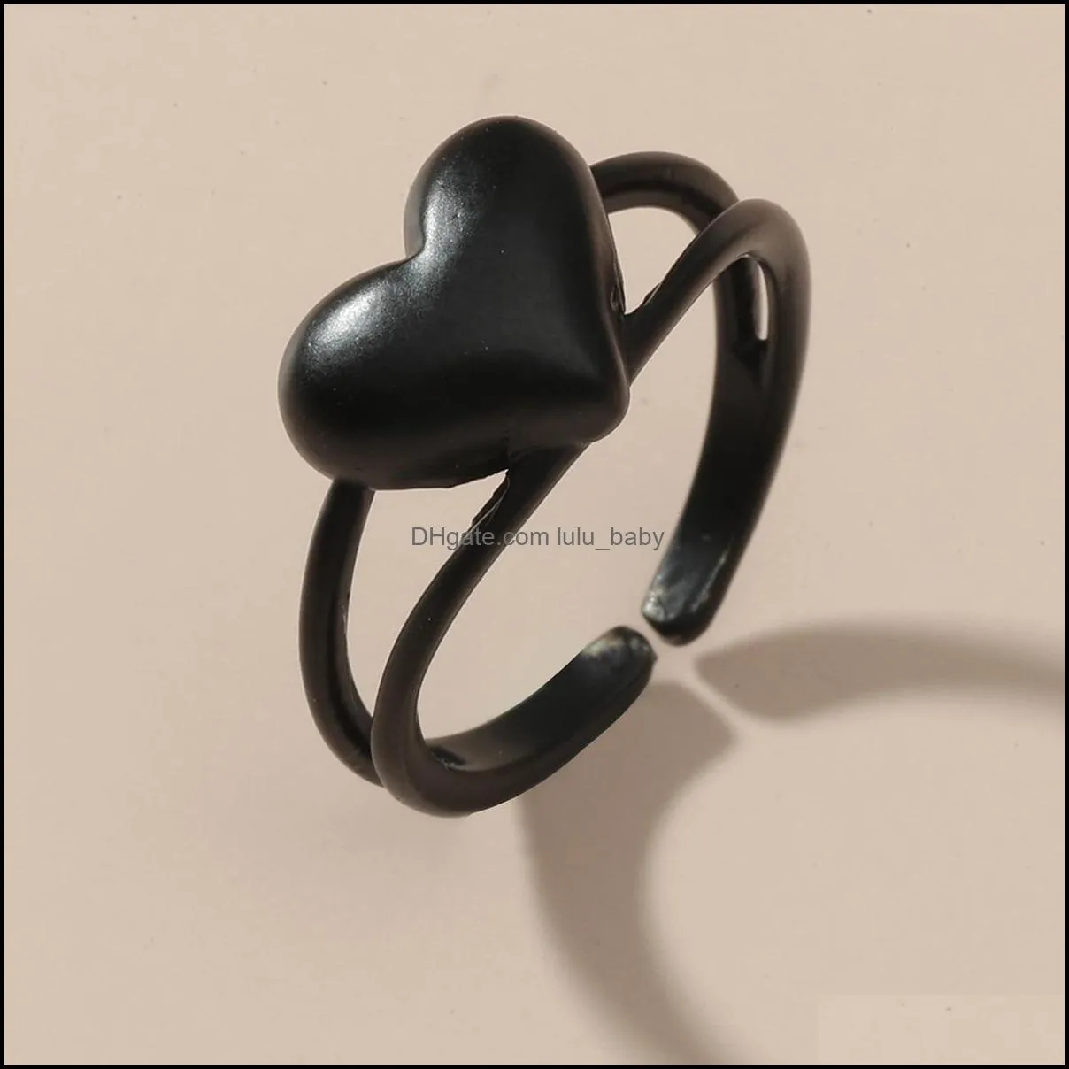 punk gold black charms double layer love heart rings for women men simple adjustable open geometric stainless steel rings couple party