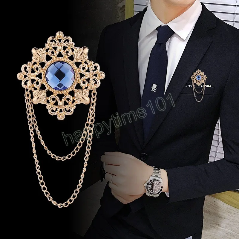 Rétro bijou broche hommes costume broche Vintage strass croix gland épinglettes avec chaîne accessoires de bijoux de luxe