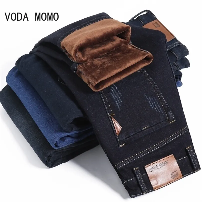 Zimowe dżinsy męskie dżinsy czarne szczupły fit stretch grube aksamitne spodnie ciepłe spodnie rowęgowe casual fleece mężczyzna plus rozmiar mężczyzn odzież 220328