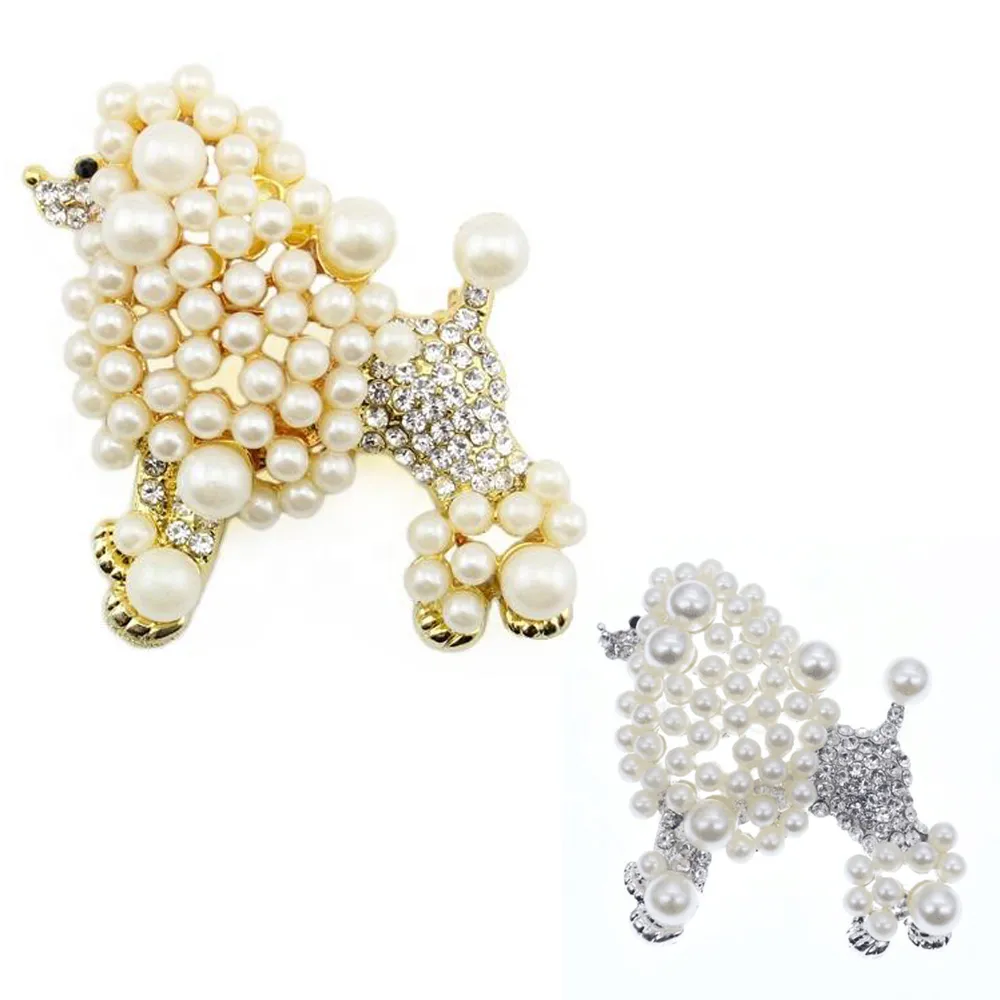 10 Pcs/Lot Cute Brooches Crystal Rhinestone With Pearl Poodle Animal Pin For Decoration