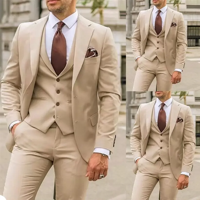 Esmoquin de boda para novio de color caqui, 3 piezas, pantalones para hombre, trajes, color sólido británico, fiesta de graduación, chaqueta, abrigo, chaqueta, chaleco, pantalones