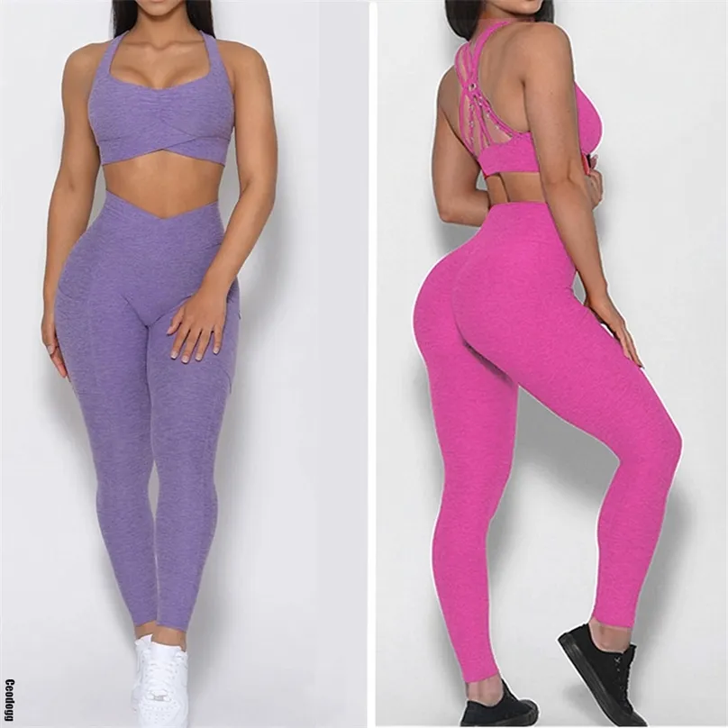 Back Mental Contour Yoga Set Cross V High Waist Scrunch Push Up Squat Proof Yoga Pant Sports Bra Fitness Gym Active Suits 220507