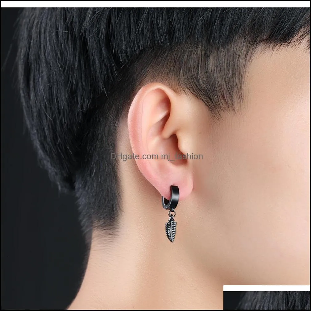 stainless steel stud earrings for men women feather hinged hoop huggie earring punk rock hypoallergenic hip hop ear jewelry