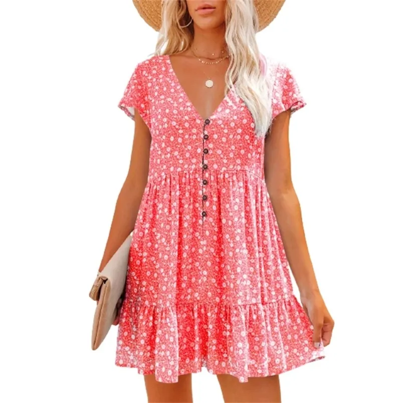 Summer Women Boho Mini Dress Sexy V-neck Short Sleeve Floral Casual Loose Chiffon Dresses Fashion Ruffles Woman Sundress 220514