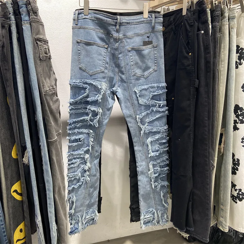 Riktiga bilder 22SS blå tunga tvättade jeans förstör denim byxor män kvinnor tunga tygbyxor mode305c