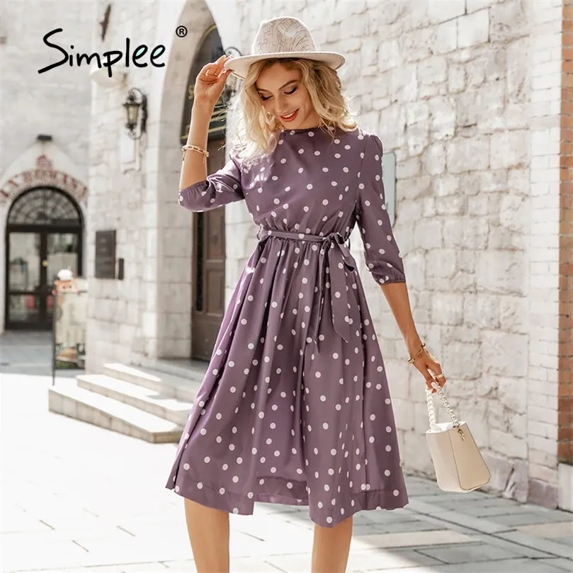 Элегантное A-Line Polka Dot Women Dress Осенняя офисная леди O-образное ремень Женщины Миди платье с полу рукава фиолетовая Вестидо 220511