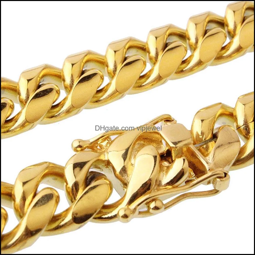 jch stainless steel jewelry set 24k gold plated high quality cuban link necklace & bracelet mens curb chain 1.4cm 8.5