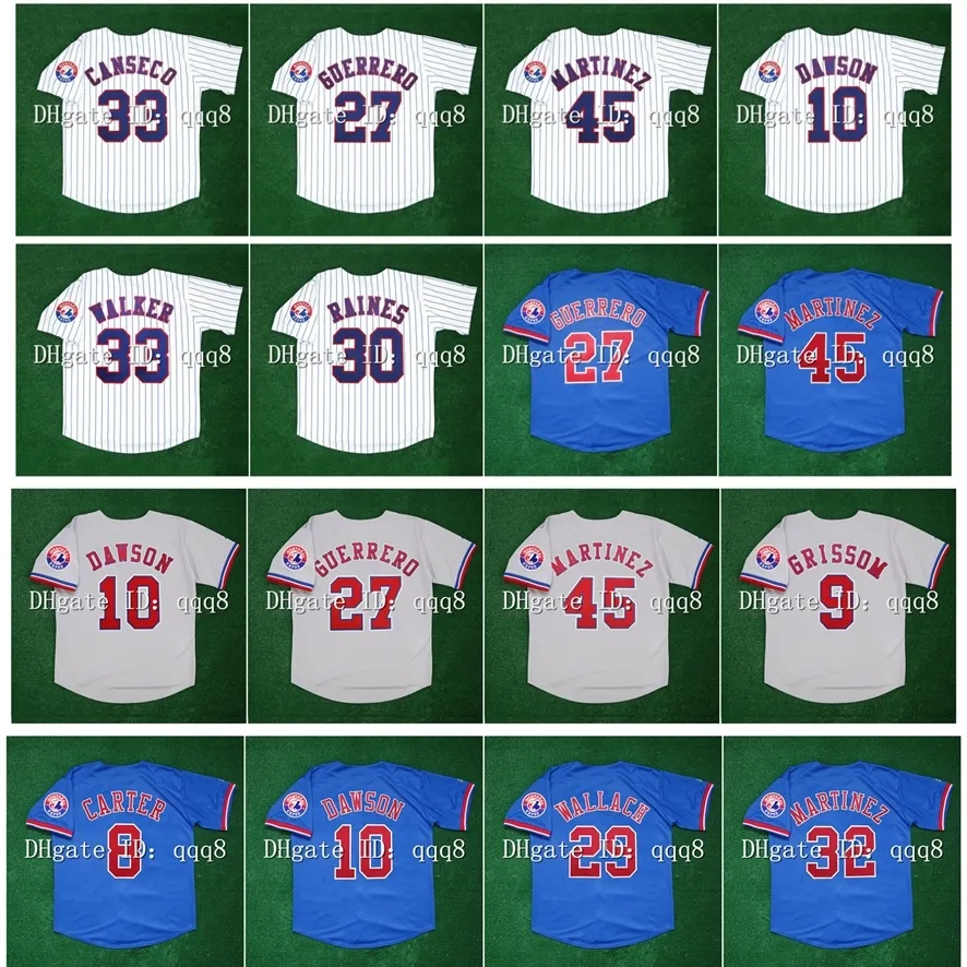 Na85 Maglia da baseball vintage Montreal Expos 27 Vladimir Guerrero 30 Tim Raines 8 Gary Carter 45 Pedro Martinez 33 Jose Canseco 32 Dennis Martinez