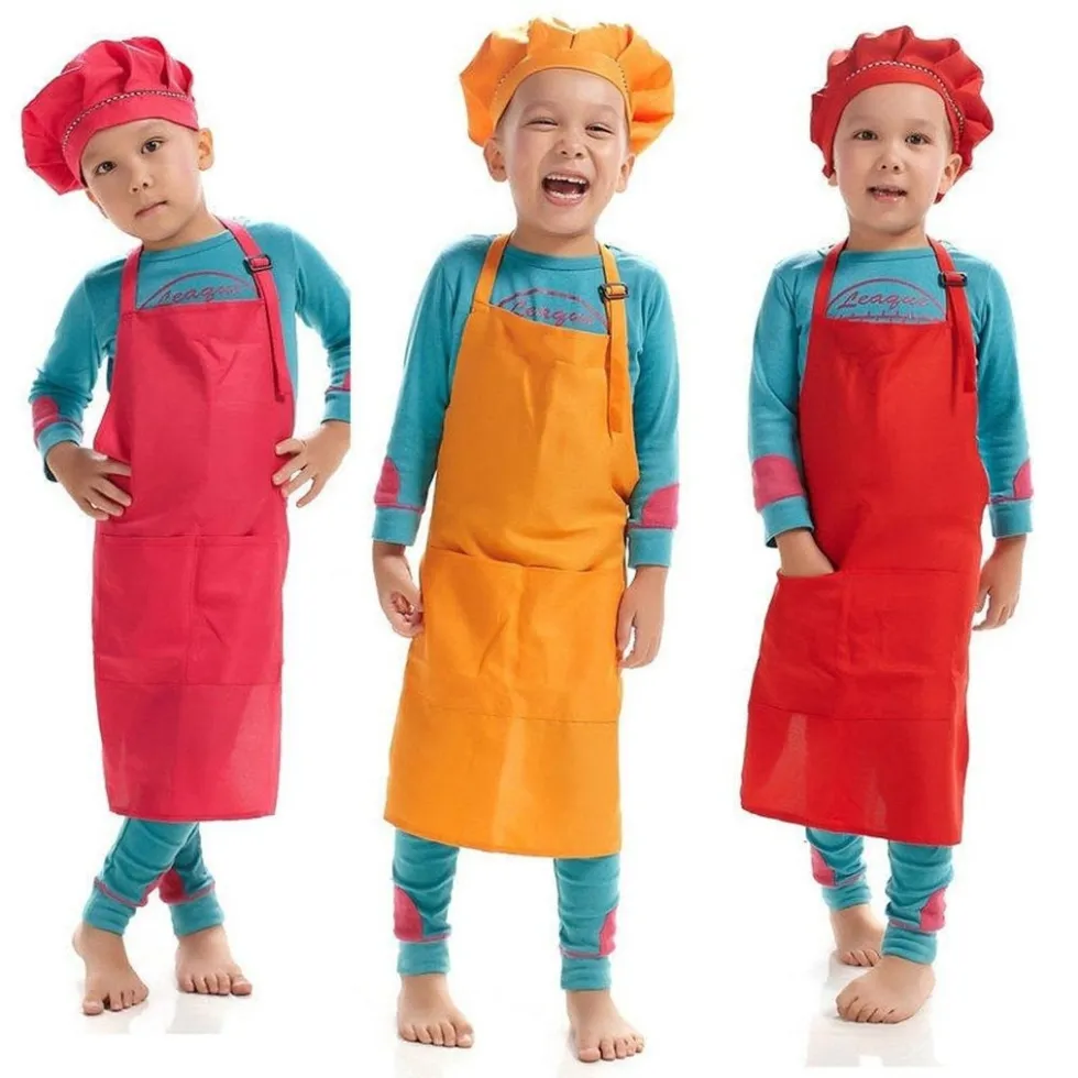 US Stock Printable customize LOGO Children Chef Apron set Kitchen Waists 12 Colors Kids Aprons with Chef Hats for Painting Cooking Baking
