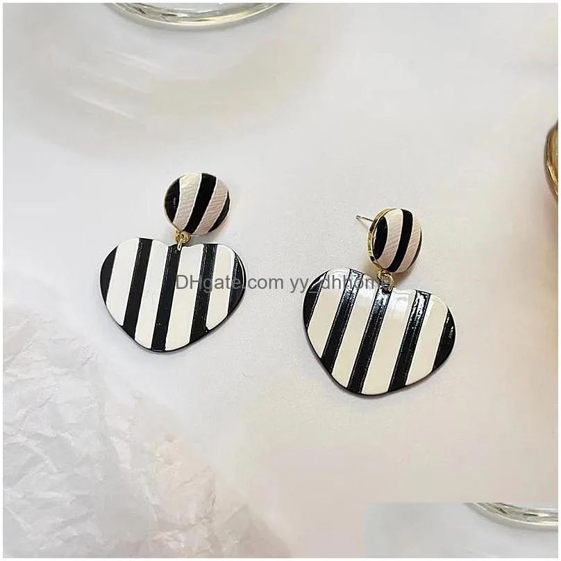 fashion jewelry s925 silver post earrings white black stripe peach heart dangle stud earrings