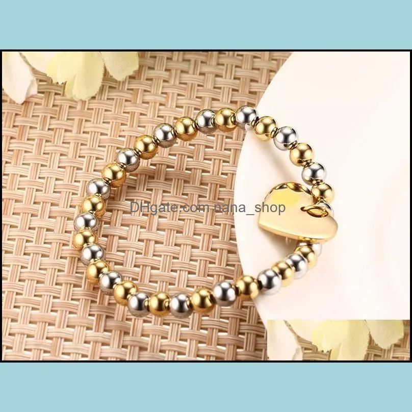 fashion gold silver 6mm bead bracelet For Women with heart shape charm pendant barcelet stainless steel jewelry gift wholesaler
