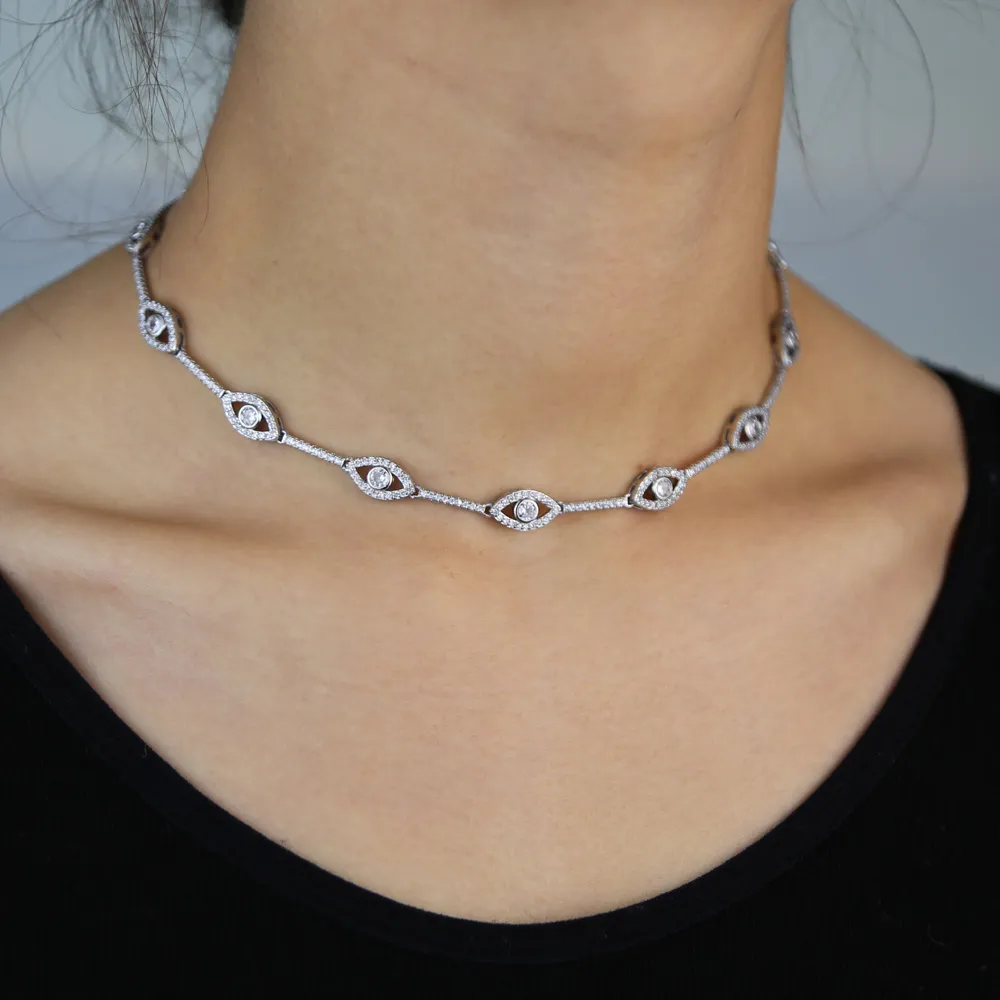 Nowy turecki Evil Eye Choker naszyjnik biżuteria róża kolor srebrny Micro Pave 5A Cz Bar oczy urok Link Chokers naszyjniki hurtownia