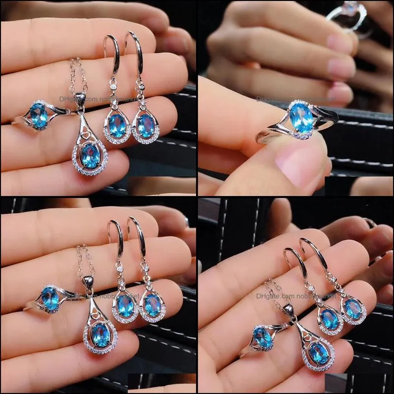 Bracelet, Earrings & Necklace Natural Blue Topaz Ring Pendant Gemstone Jewelry Set S925 Silver Fashion Water Drop Women Party Gift