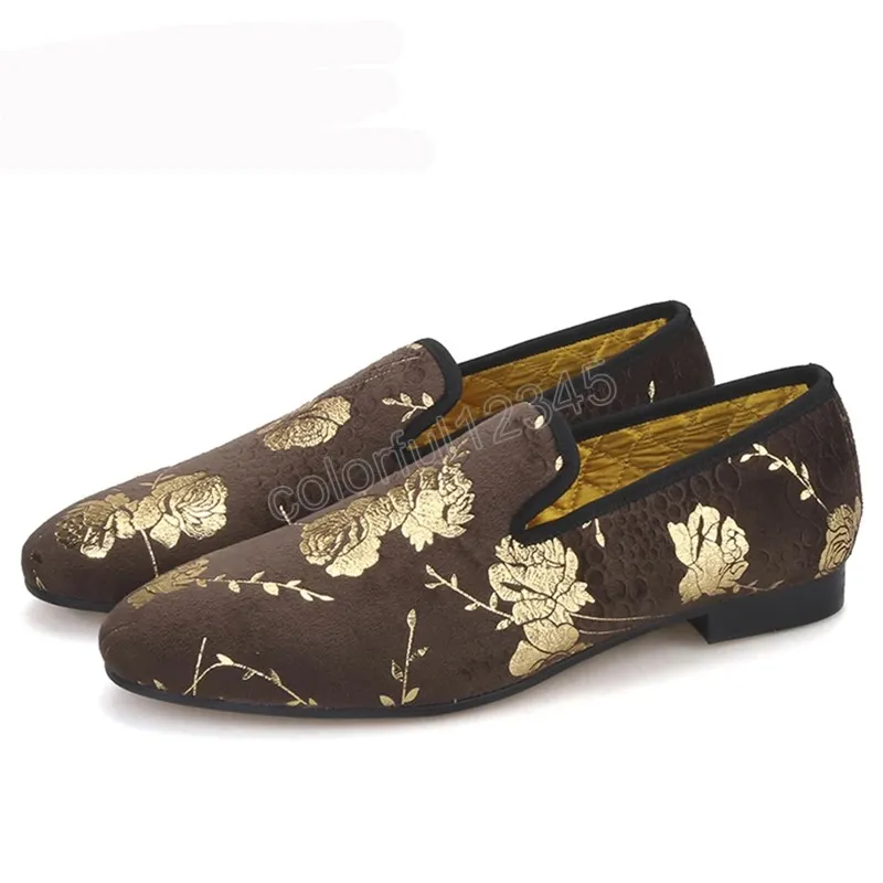 Golden Flower Printing Handmade Mens Velvet Shoes For Party And Wedding Men's Loafers Men Dress Shoes Plus Size