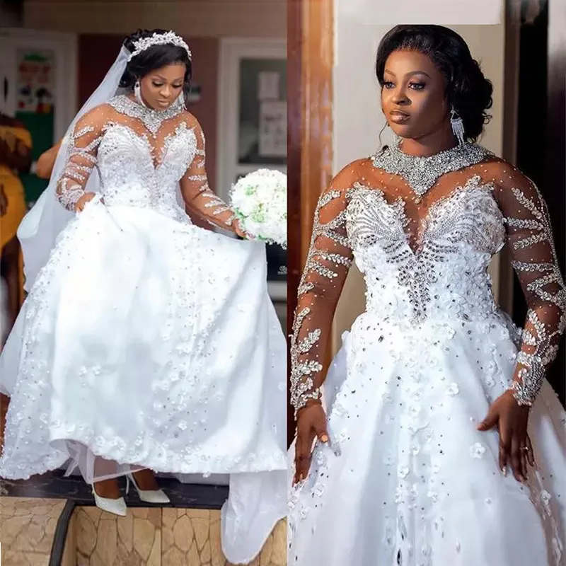 Modest African Beads A Line Abito da sposa Crystal Sheer Neck Plus Size Personalizzato Manica lunga Illusion 3D Appliques in pizzo Vestido De Novia Abiti da sposa