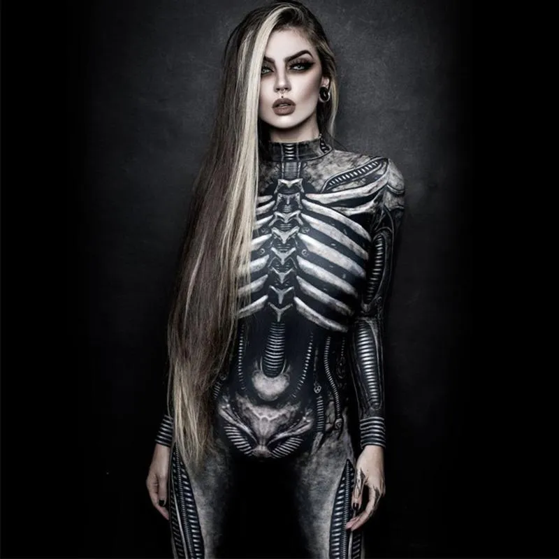 Themakostuum Halloween Skeleton Gedrukt Bodysuit Cosplay Kostuums Suit Dames Jumpsuit Disfraz Mujer