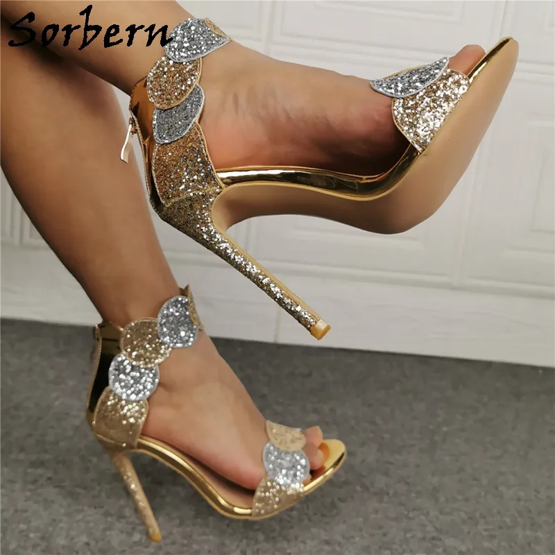 Sorbern Gold Sequins Women Sandals Wide Ankle Straps Summer Shoes Stilettos Blingbling Party Footwear